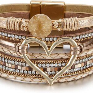 Leopard Bracelet for Women, Boho Leather Wrap Multi-Layer Pearl Crystal Bracelet